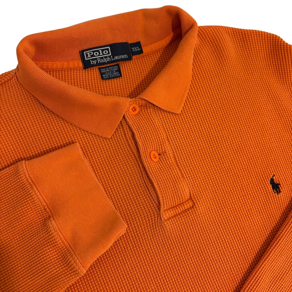 Polo Ralph Lauren Polo Shirt Mens 2XL Orange Waffle Knit Thermal Long Sleeve